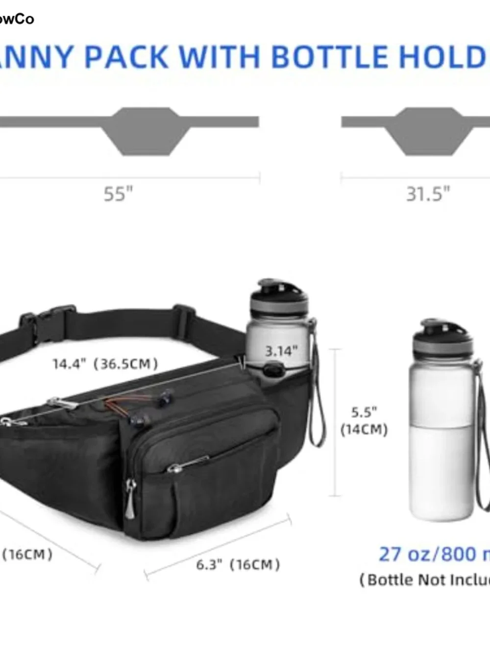 Hiking Fanny Pack with Retractable Water Bottle Holder, Adjustable Waist Strap
